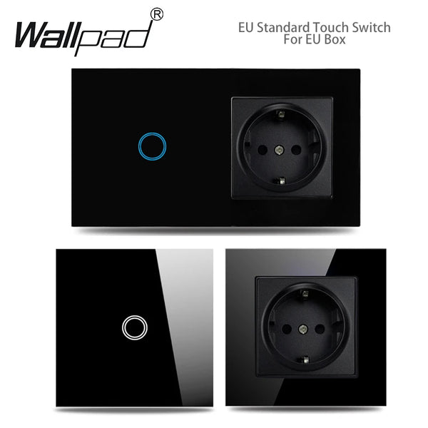 Touch Light Switch With EU Wall Socket Black 1 Gang 1 Way Led Interruptor Crystal Dark Blue Backlight Wallpad Home Improvemet